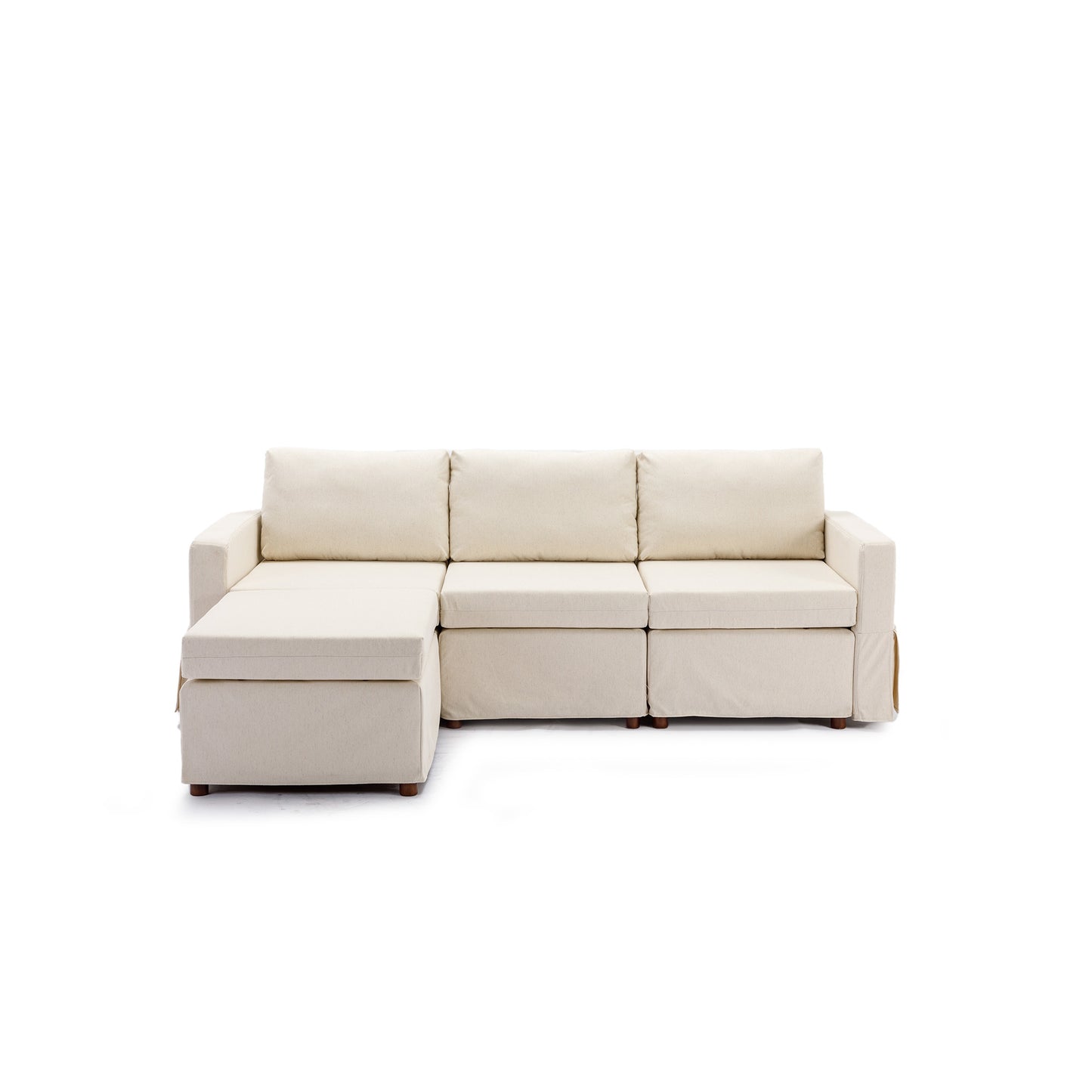 Cream Linen 3-Seat Modular Sectional Sofa Set with Ottoman