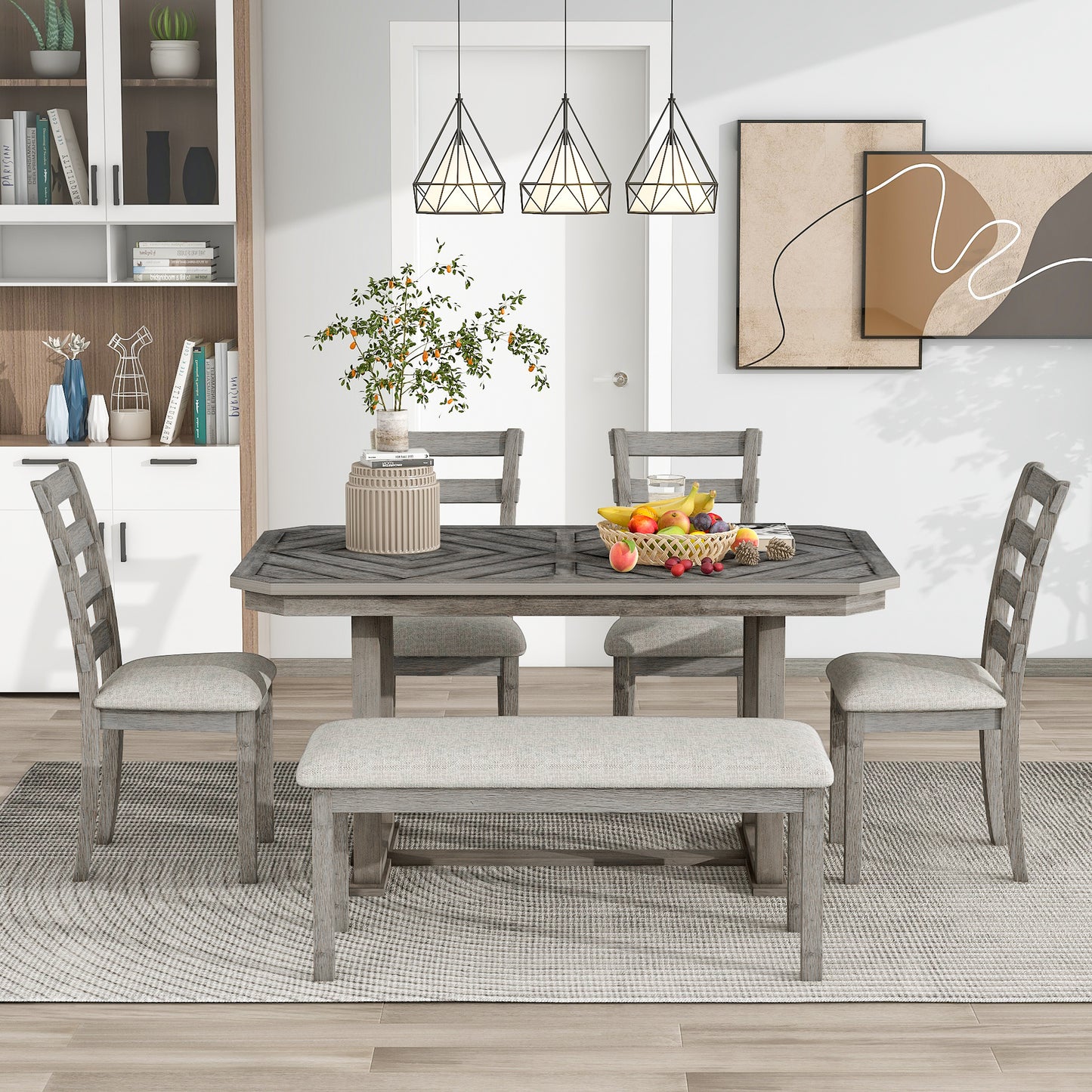 TREXM 6-Piece Rubber Wood Dining Table Set with Beautiful Wood Grain Pattern Tabletop Solid Wood Veneer and Soft Cushion (Gray)