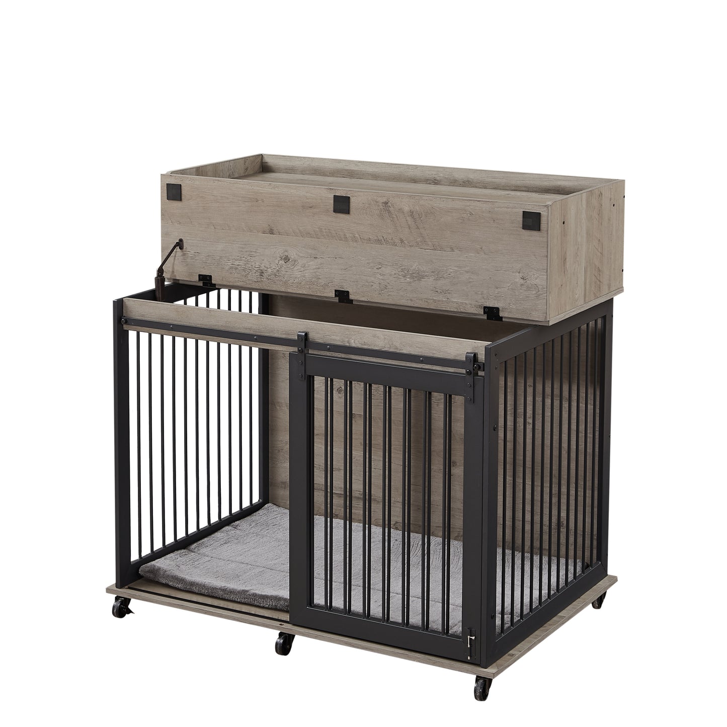 Furniture type dog cage iron frame door with cabinet, top can be opened and closed. Grey, 43.7'' W  x 29.9'' D  x 42.2'' H