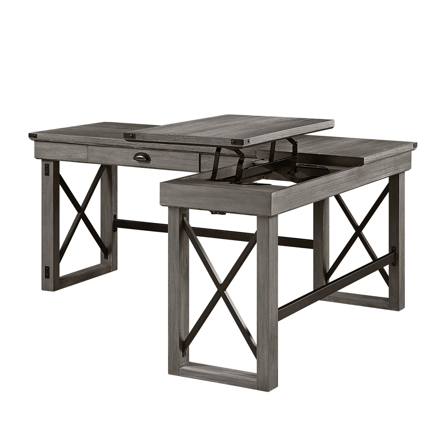 L-Shaped Talmar Writing Desk with Lift Top in Distressed Gray Finish