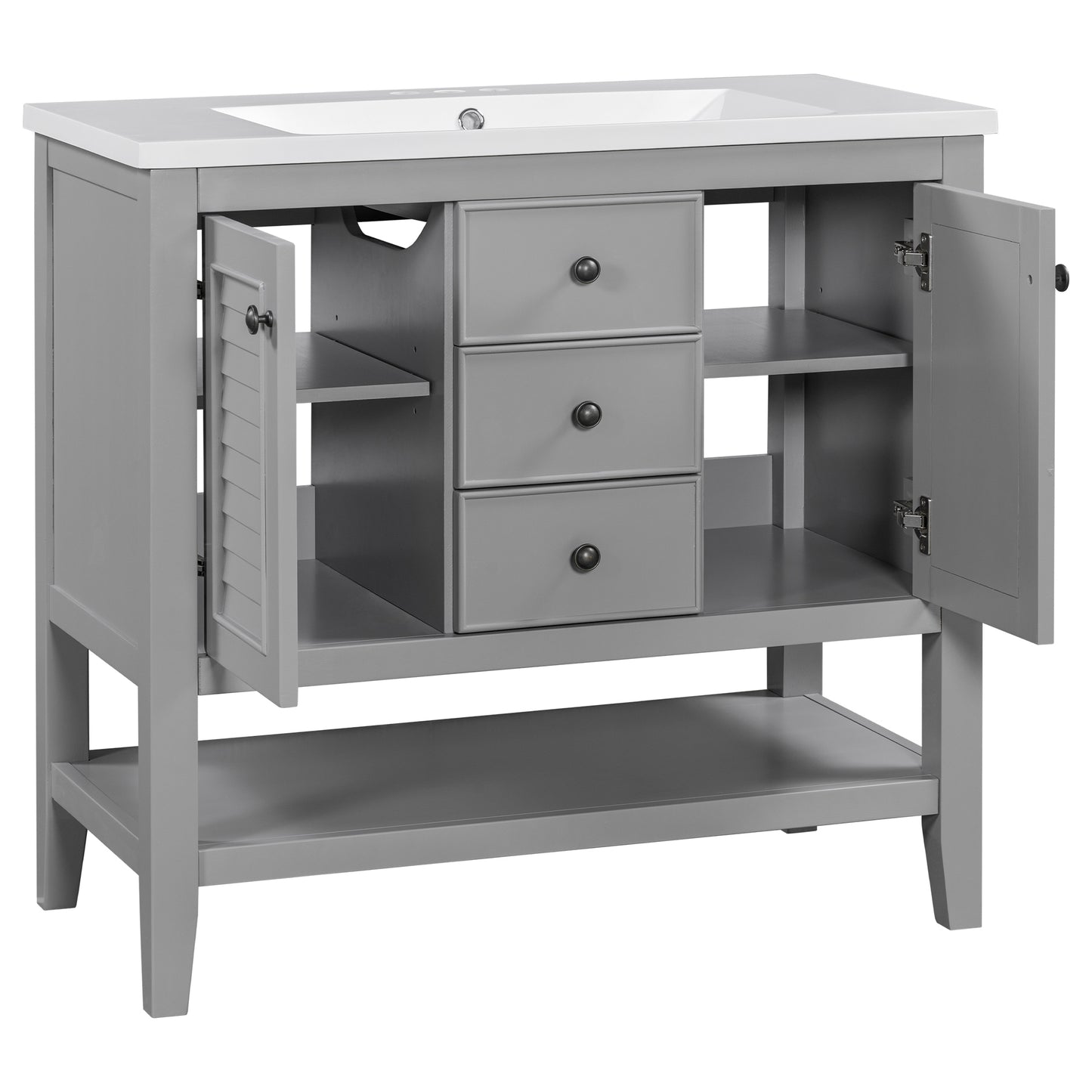 36" Bathroom Vanity with Ceramic Basin, Two Cabinets and Drawers, Open Shelf, Solid Wood Frame, Grey