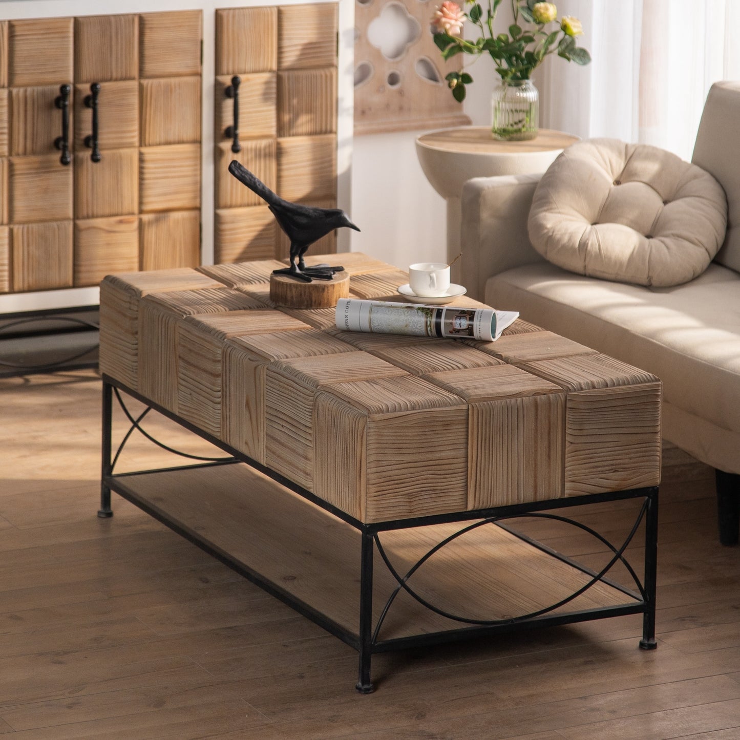 Retro Square Coffee Table with Small Grid Splicing Design