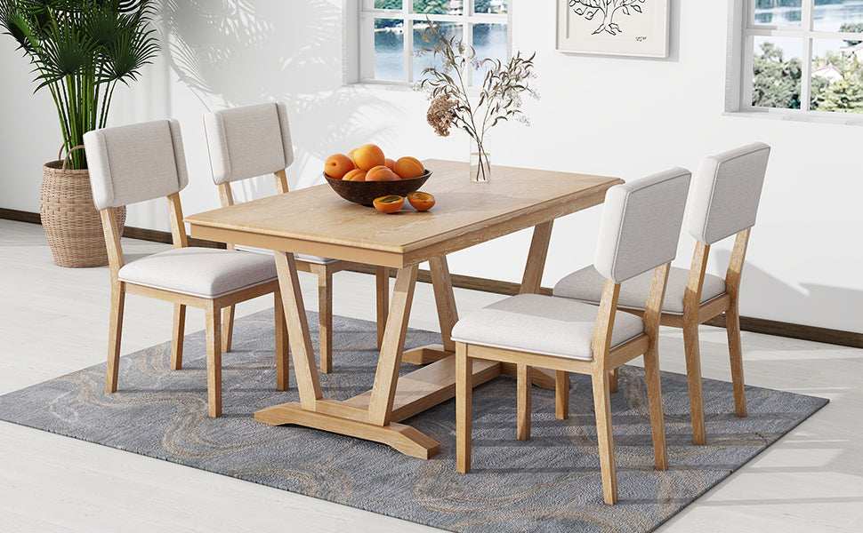 Rustic 5-piece Dining Table Set with 4 Upholstered Chairs, 59-inch Rectangular Dining Table with Trestle Table Base, Naural