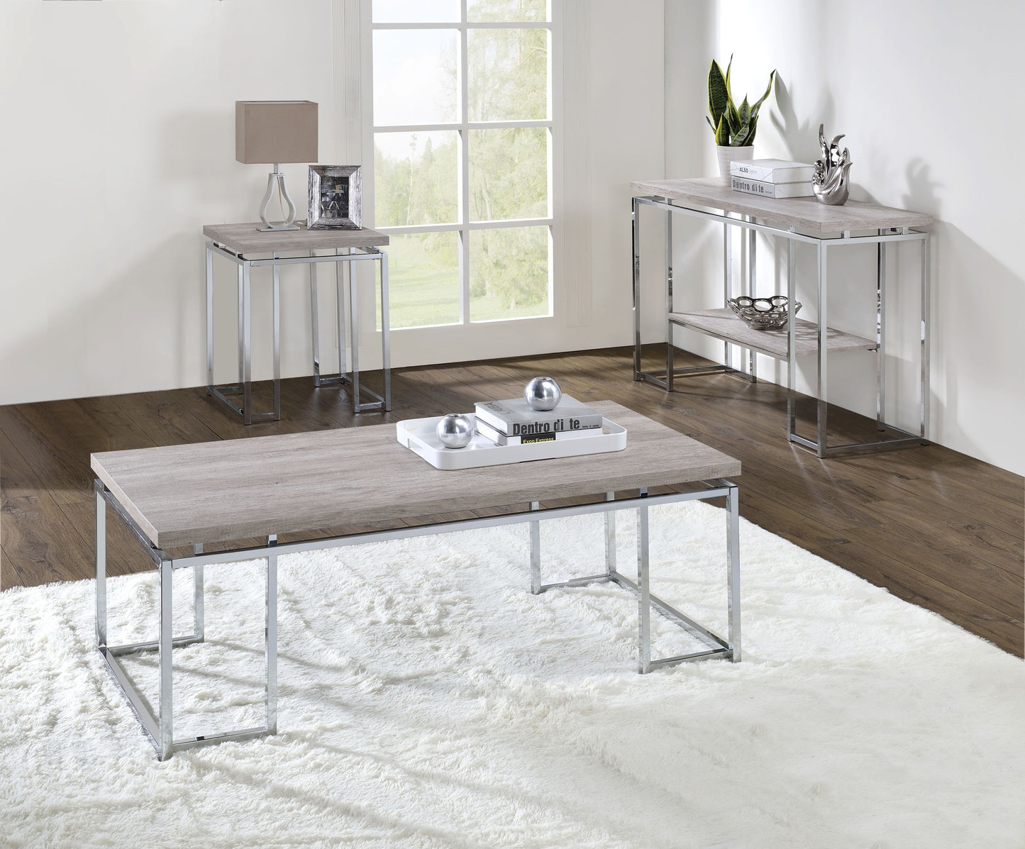 Chafik Contemporary Coffee Table in Natural Oak & Chrome