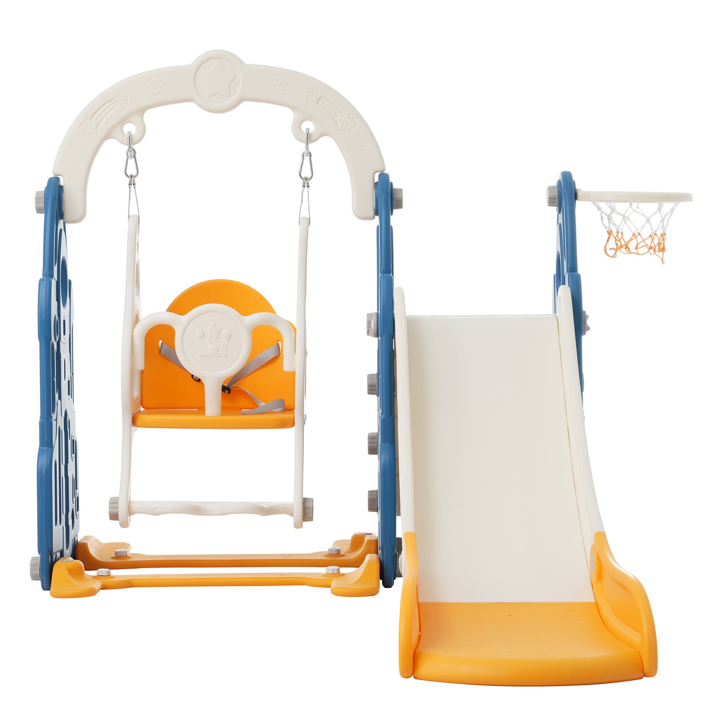 4-in-1 Toddler Playground Climber, Slide, Swing Set with Basketball Hoop