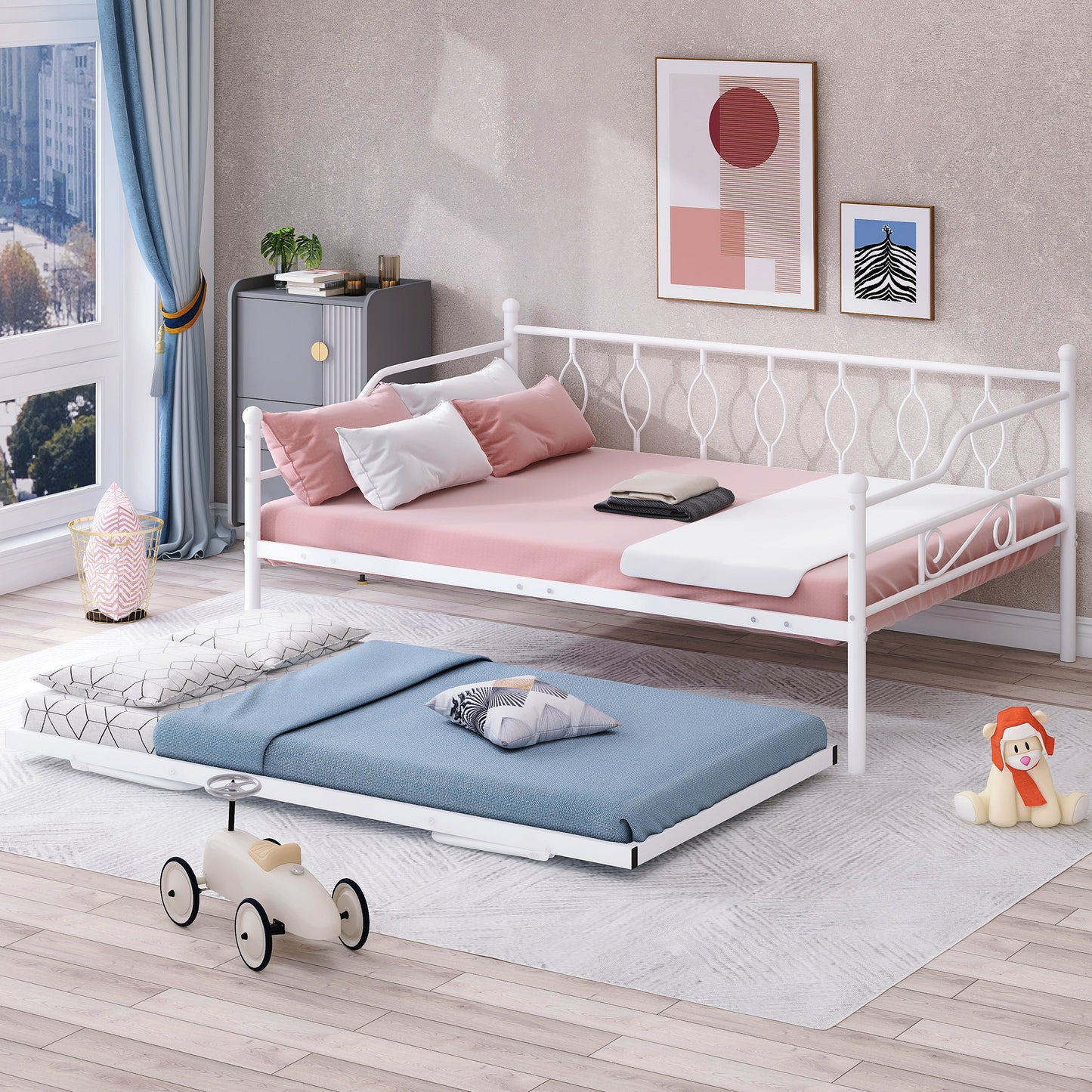 Full Size Metal Daybed with Twin Size Adjustable Trundle, Portable Folding Trundle, White(OLC SKU:MF293730AAK)