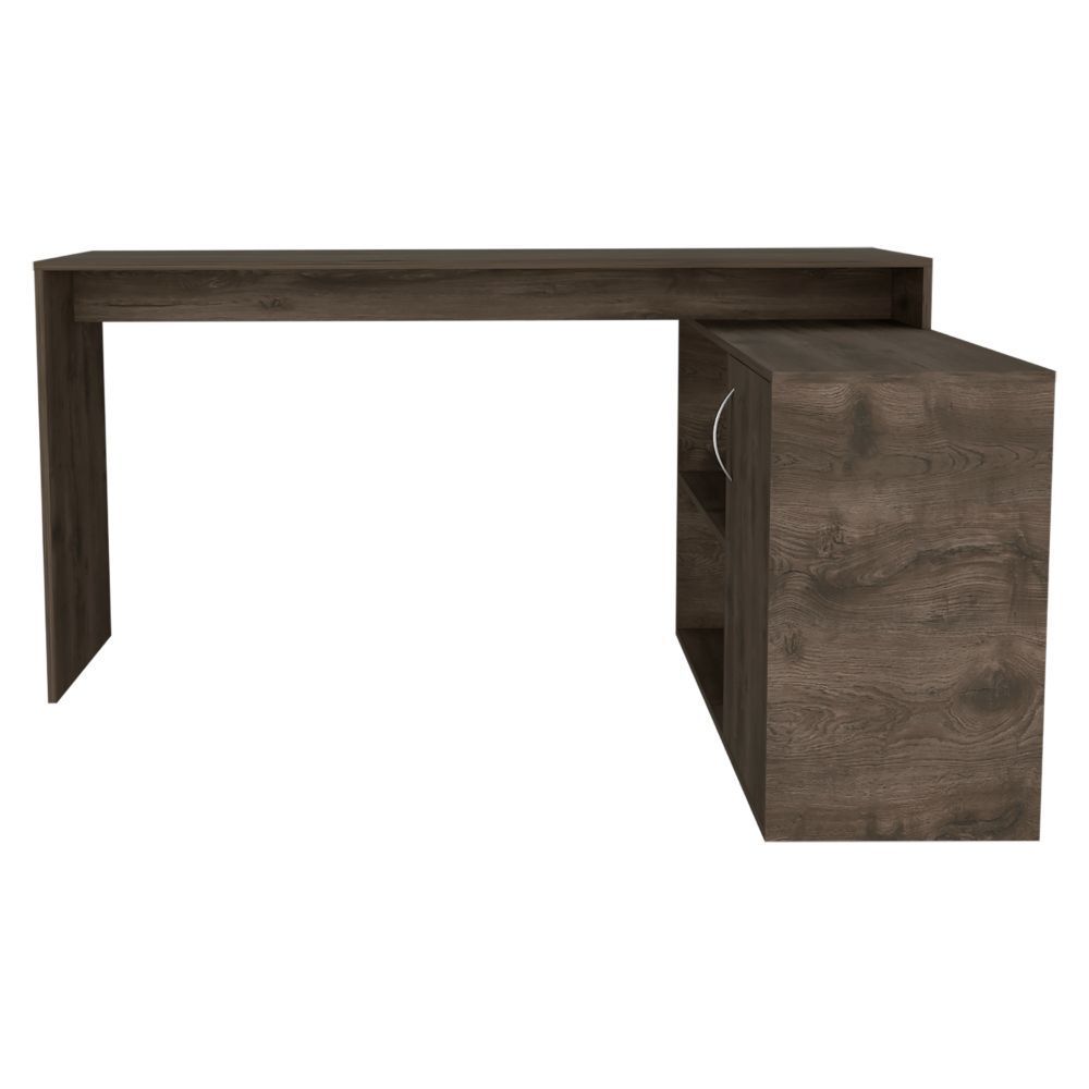 L-Shaped Dark Brown Office Desk with Storage Cabinet and Shelves