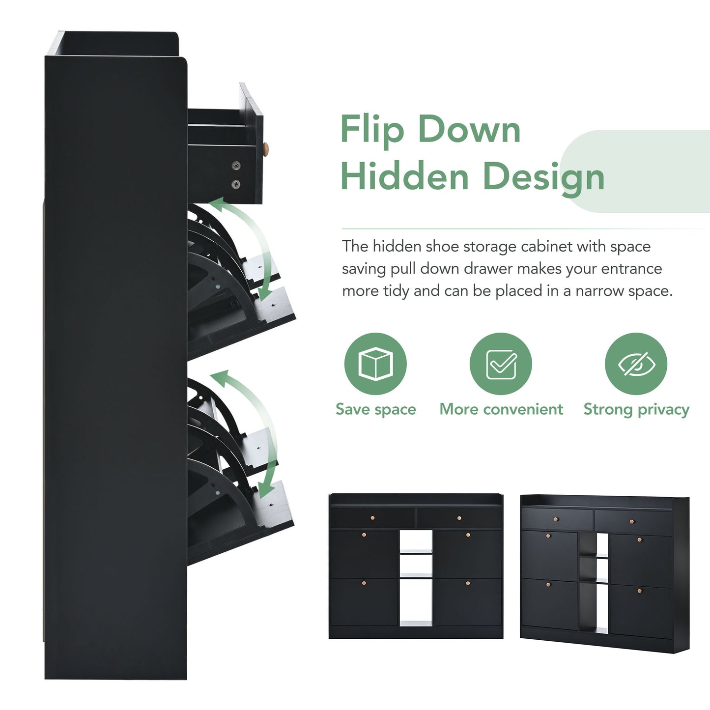 Modern Shoe Cabinet with 4 Flip Drawers, Multifunctional 2-Tier Shoe Storage Organizer with Drawers, Free Standing Shoe Rack for Entrance Hallway, Black.