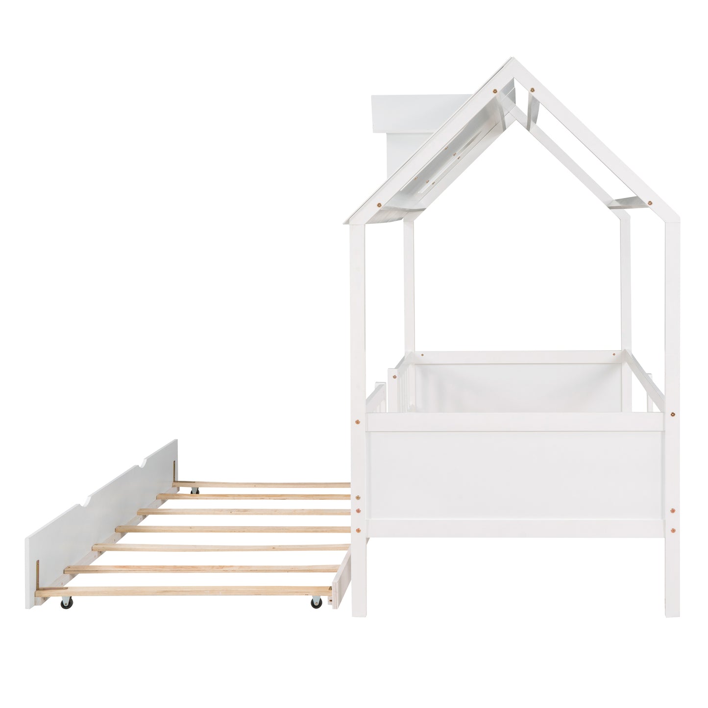 Twin Size House Bed Wood Bed with Twin Size Trundle ( White )