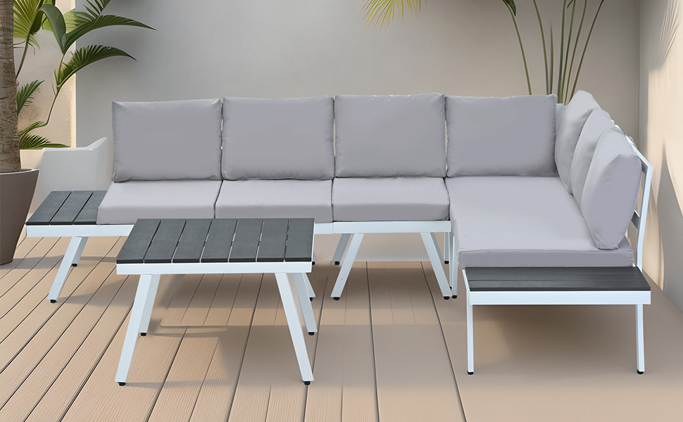 Aluminum Outdoor Patio Furniture Set with End Tables and Coffee Table, White and Grey Sectional Sofa Set