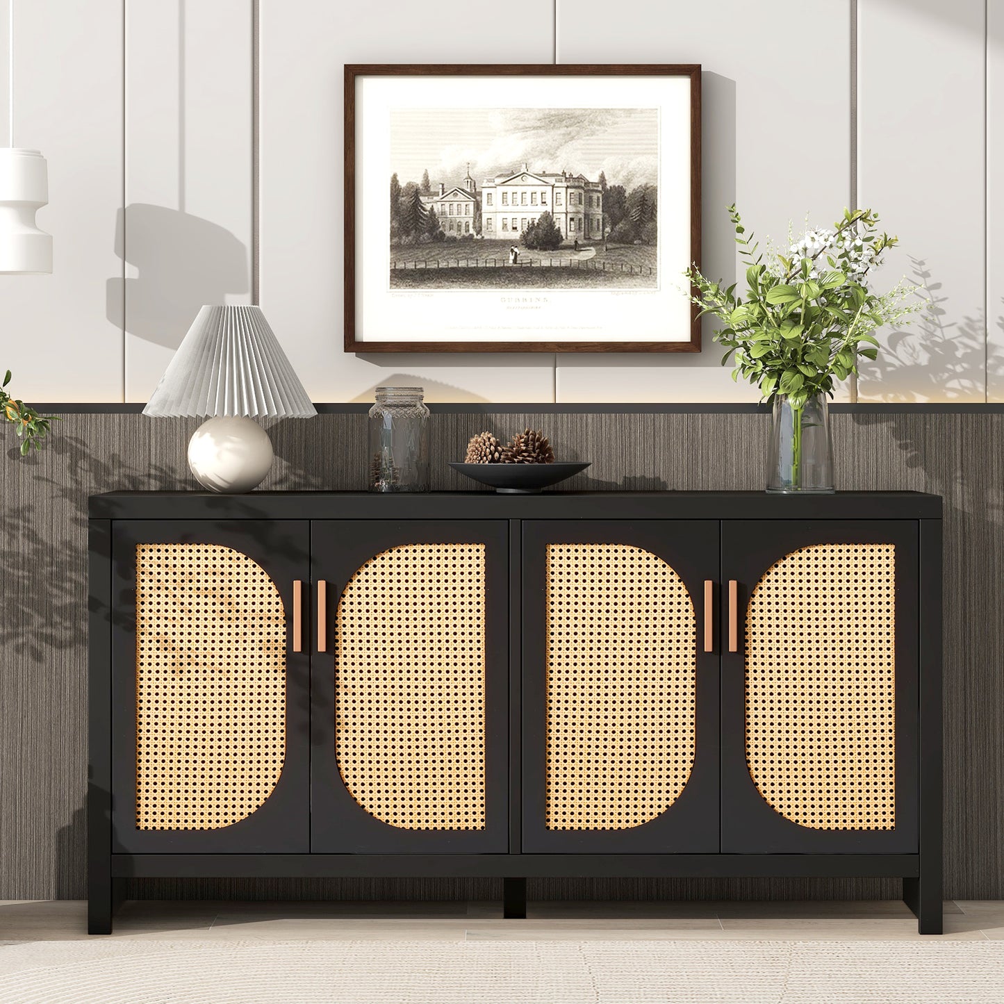 Modern TV Stand with Rattan Doors and Adjustable Shelves for 65-inch TV