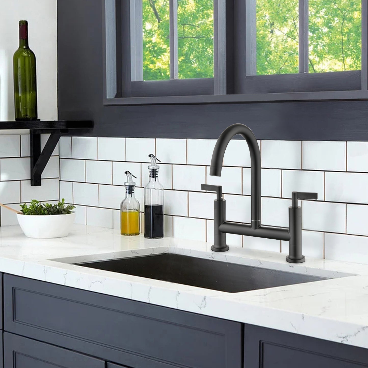 Double Handle Bridge Kitchen Faucet In Stainless Steel