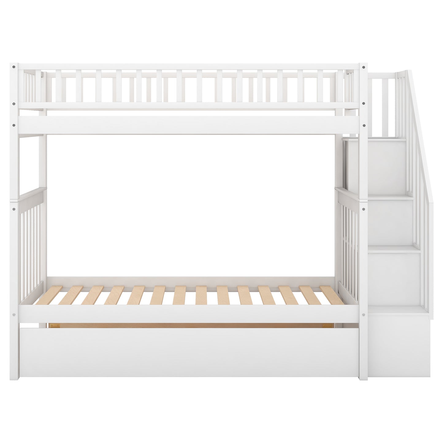 White Twin Bunk Bed with Trundle, Storage, and Convertible Design