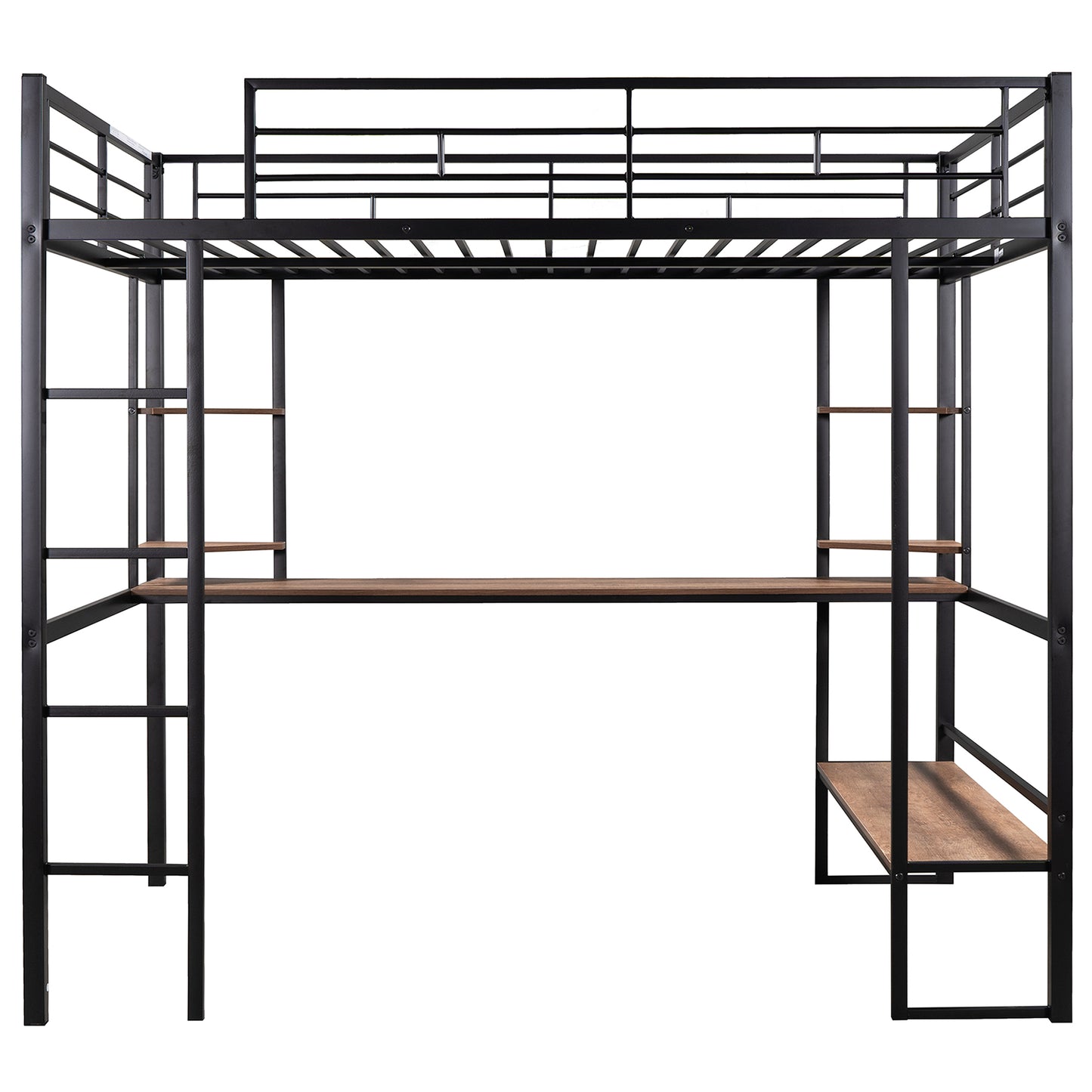 Full Size Loft Metal&MDF Bed with Long Desk and Shelves,Black