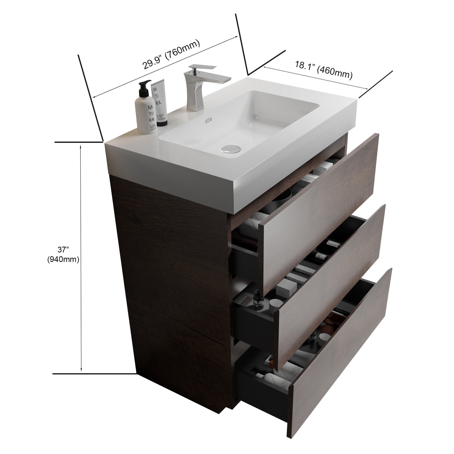 Alice 30" Walnut Bathroom Vanity with Sink, Large Storage Freestanding Bathroom Vanity for Modern Bathroom, One-Piece White Sink Basin without Drain and Faucet