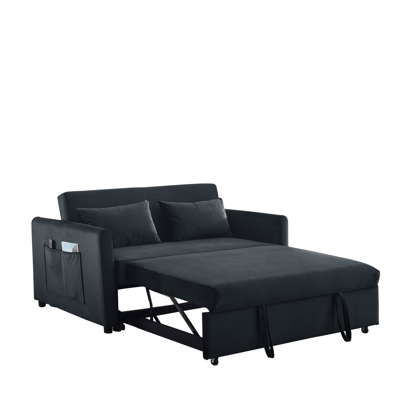 Convertible Sofa Bed, 3-in-1 Versatile Velvet Double Sofa with Pullout Bed, Seat with Adjustable Backrest, Lumbar Pillows, and Living Room Side Pockets, 54 Inch, Black