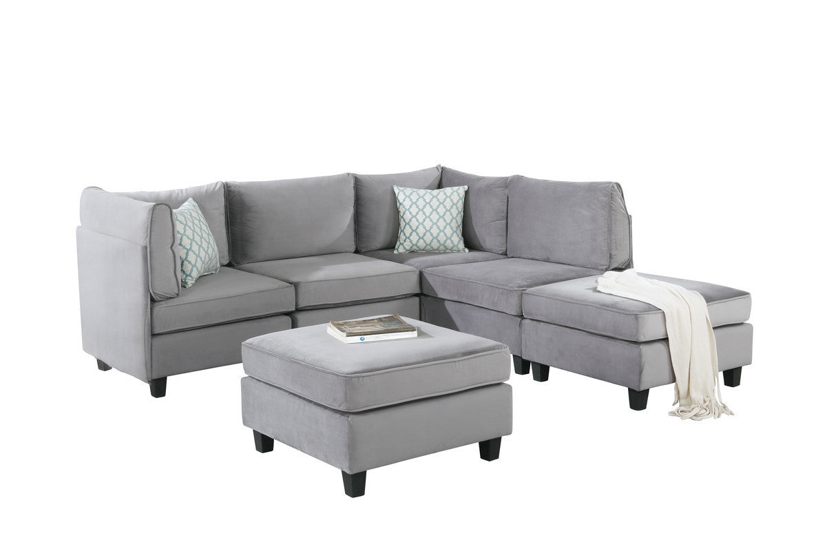 Simona Gray Velvet 6-Piece Sectional Sofa with Modular Design