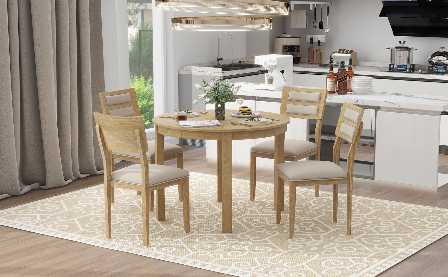 TREXM 5-Piece Multifunctional Dining Table Set, Farmhouse Dining Set with Extendable  Round Table ,Two Small Drawers and 4 Upholstered Dining Chairs for Kitchen and Dining Room (Natural Wood Wash)