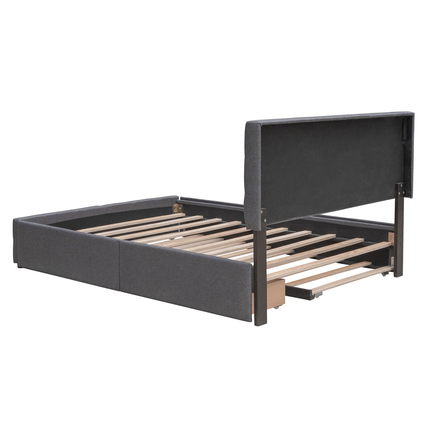 Upholstered Platform Bed with 2 Drawers and 1 Twin XL Trundle,  Linen Fabric, Queen Size - Dark Gray