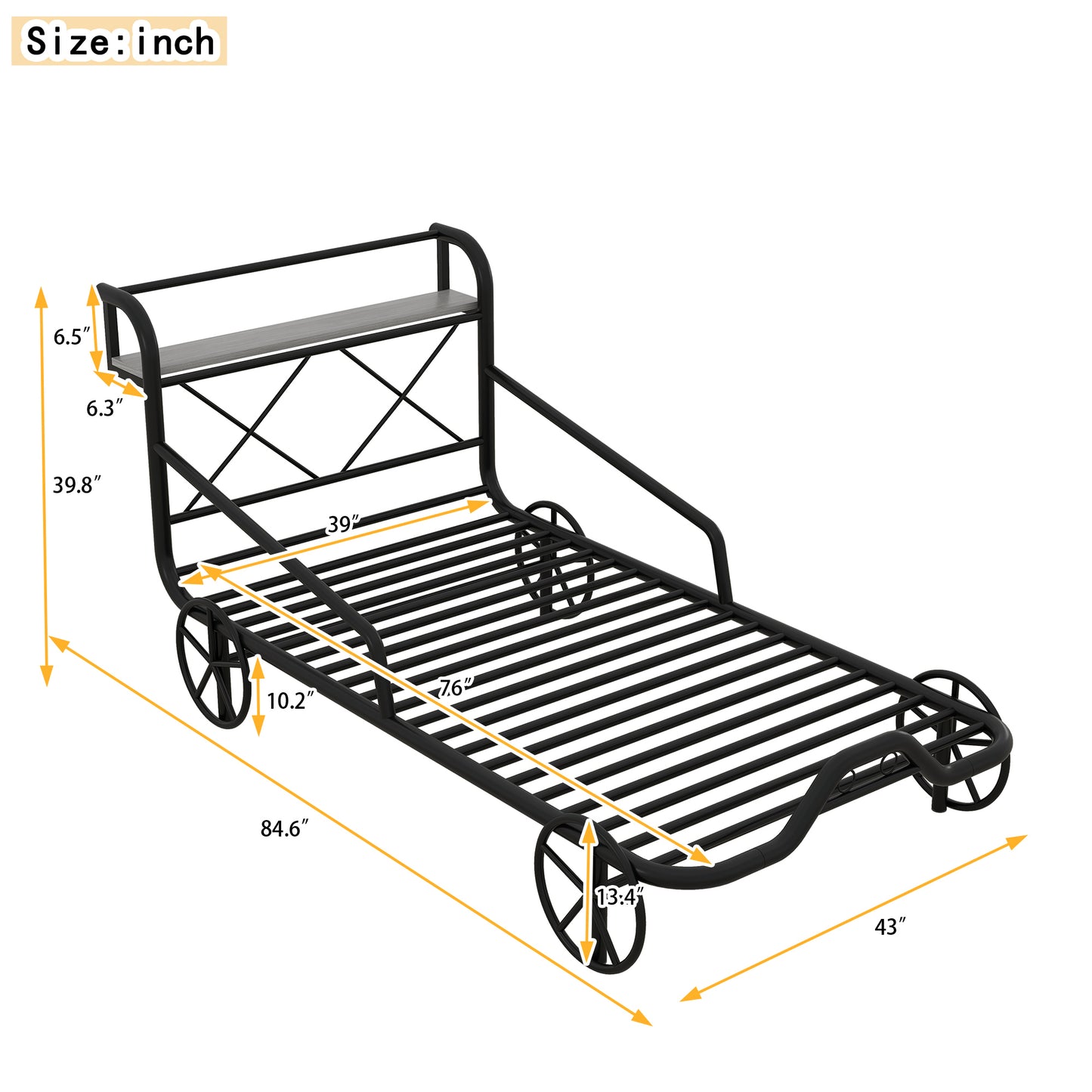 Twin Size Metal Car Bed with Four Wheels, Guardrails and  X-Shaped Frame Shelf, Black(: MF297599AAB)