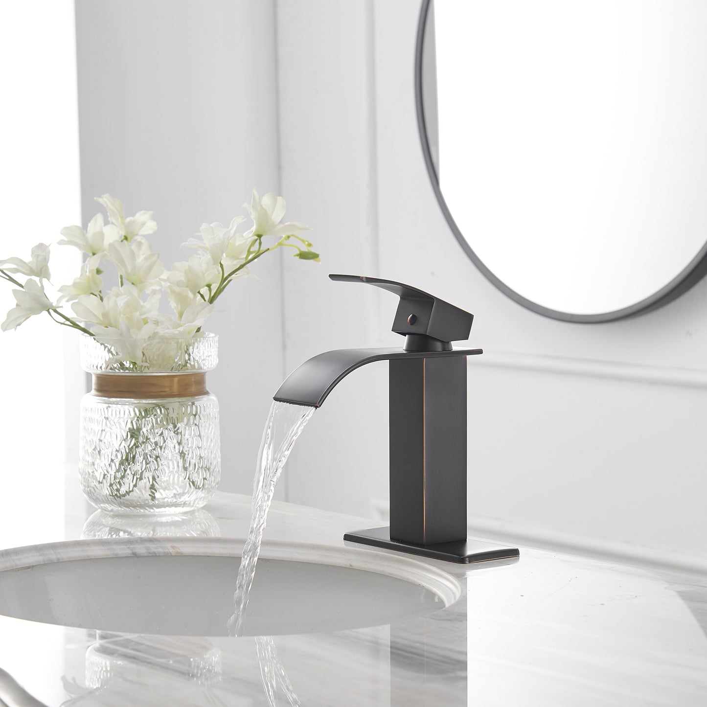 Bronze Waterfall Bathroom Faucet with Single Handle and Pop-up Drain