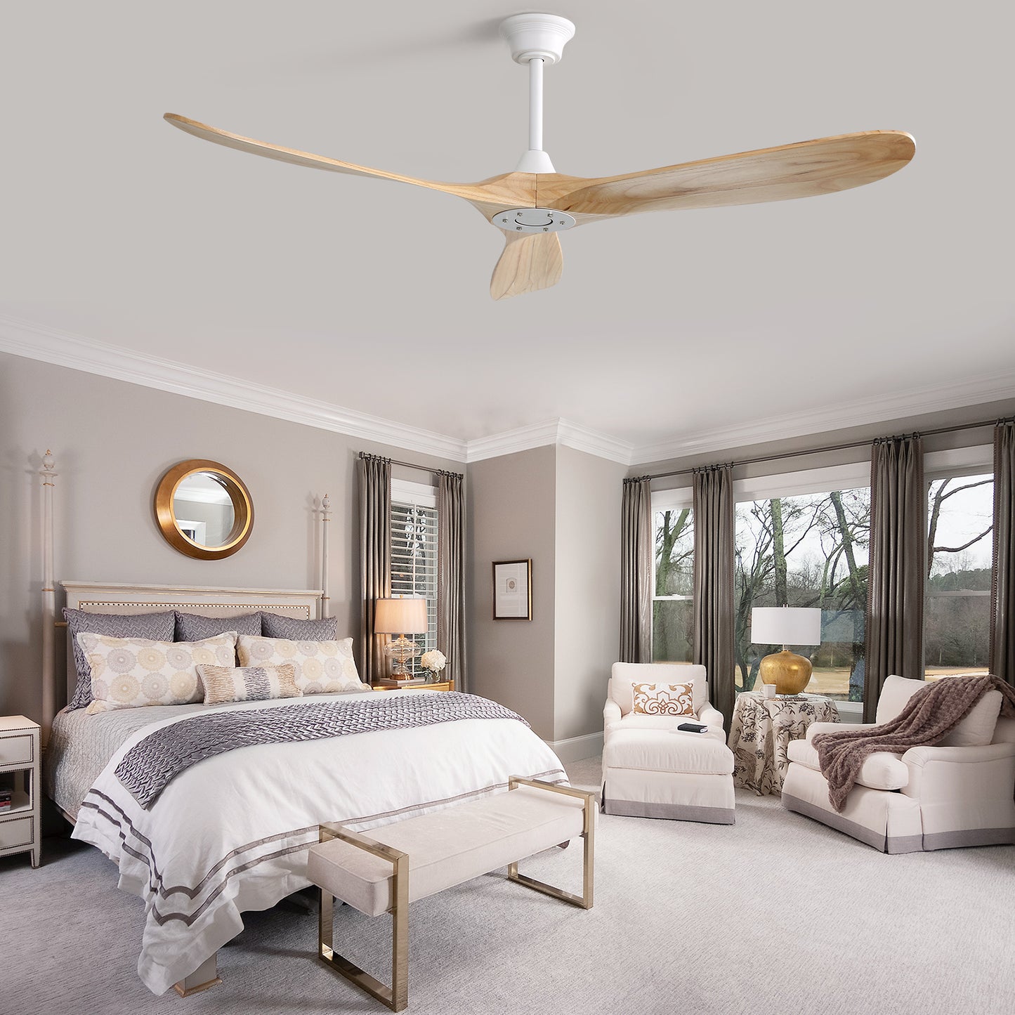 60-Inch Modern Indoor Ceiling Fan with 3 Color Dimmable 6 Speed Remote Control and Solid Wood Blades for Living Room