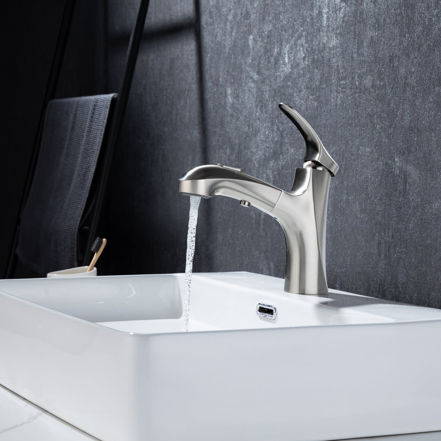 Modern Brushed Nickel Bathroom Faucet with Pull Out Sprayer and Single Handle