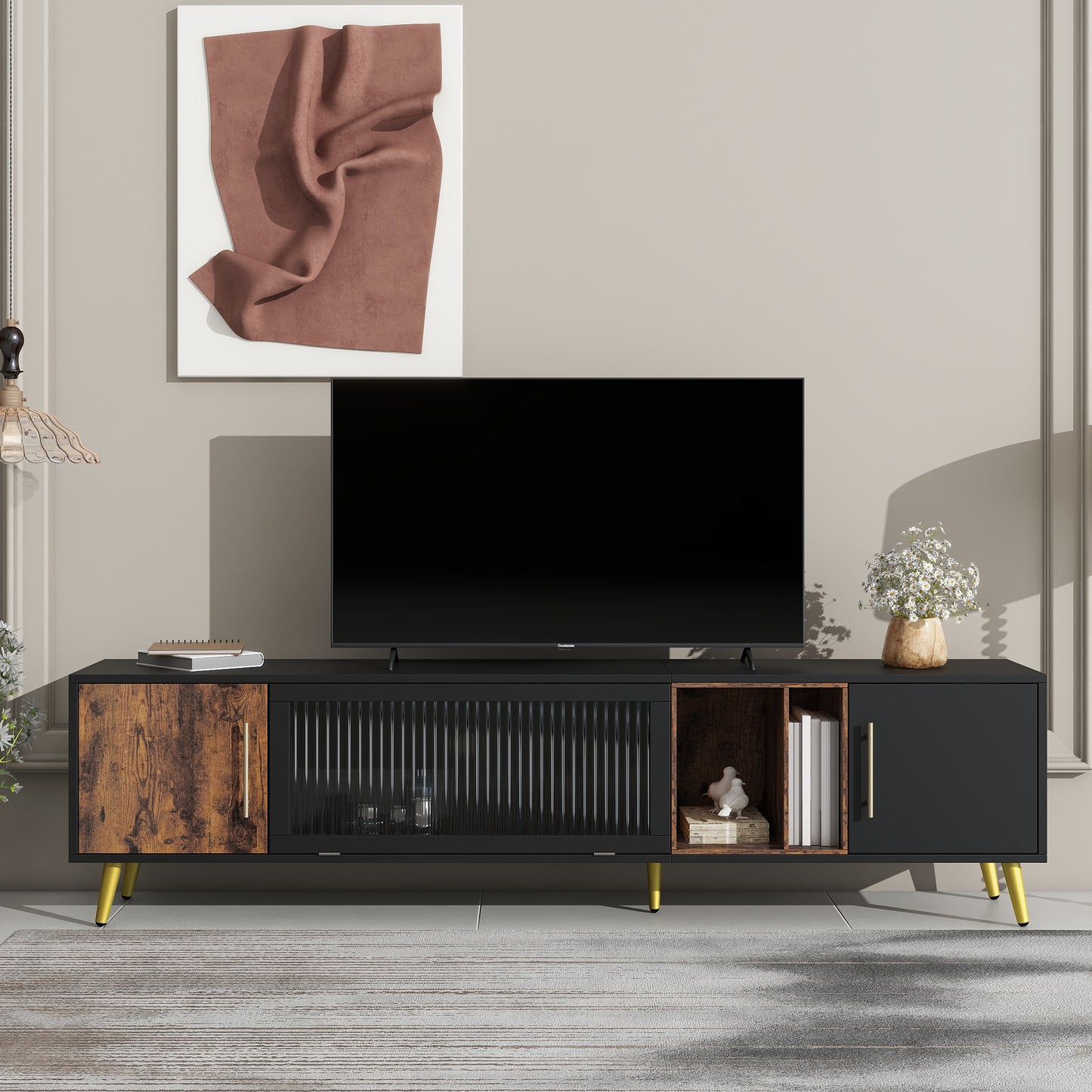 Elegant Black and Gold Two-Tone TV Stand with Adjustable Storage