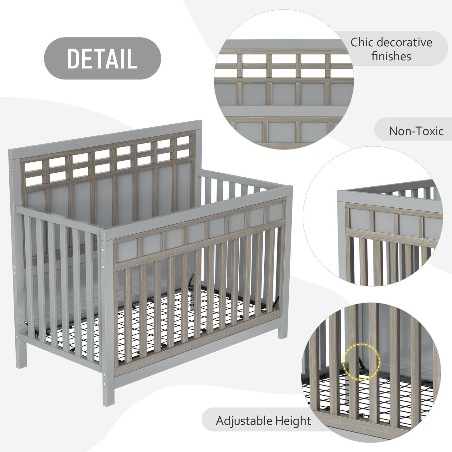 Certified Baby Safe Crib, Pine Solid Wood, Non-Toxic Finish, Gray