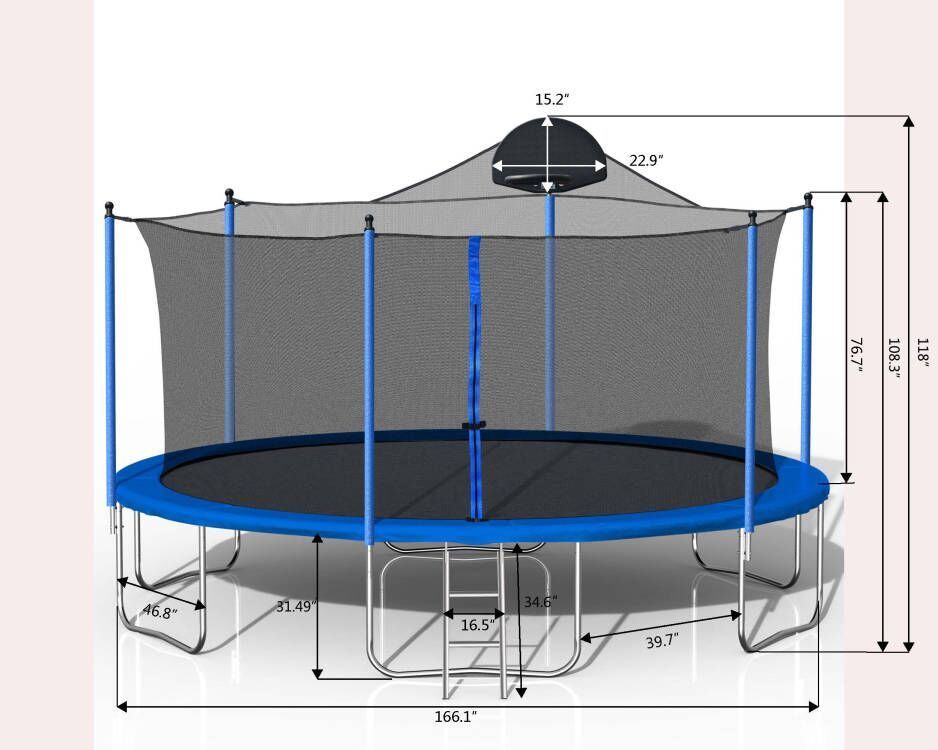 14FT Trampoline for Adults & Kids with Basketball Hoop, Outdoor Trampolines w/Ladder and Safety Enclosure Net for Kids and Adults,Double-side Color cover