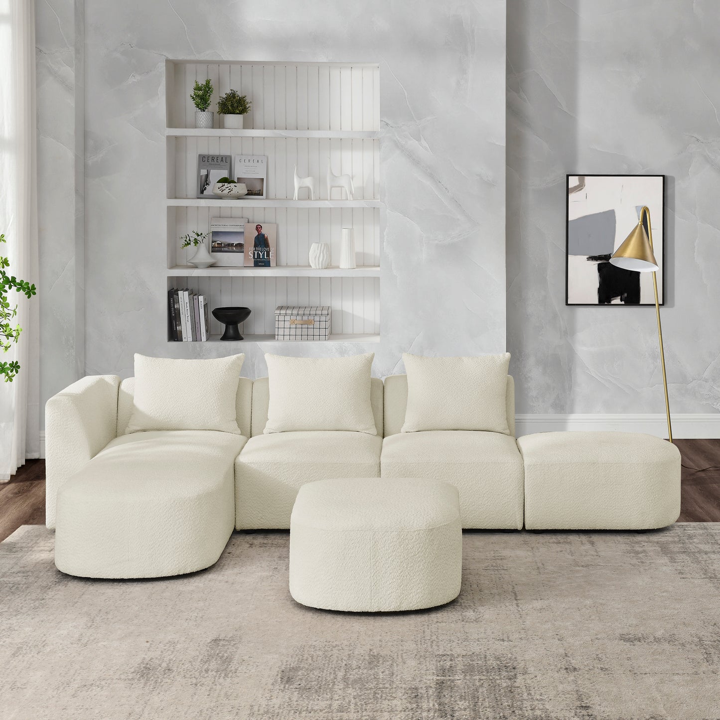 L Shape Sectional Sofa with Left Side Chaise and Ottoman, Modular Sofa, DIY Combination, Loop Yarn Fabric, Beige