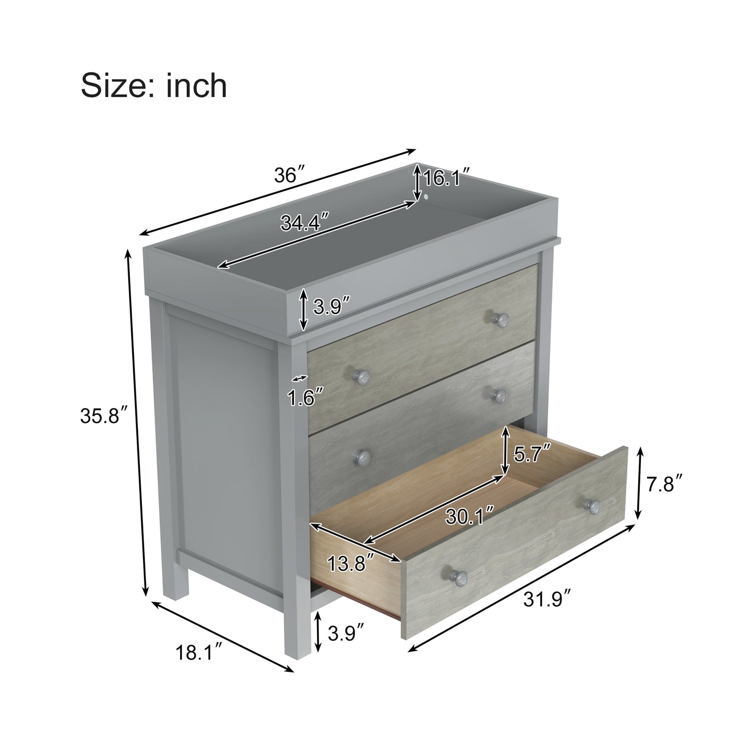 3-Drawer Changer Dresser with Removable Changing Tray in Gray