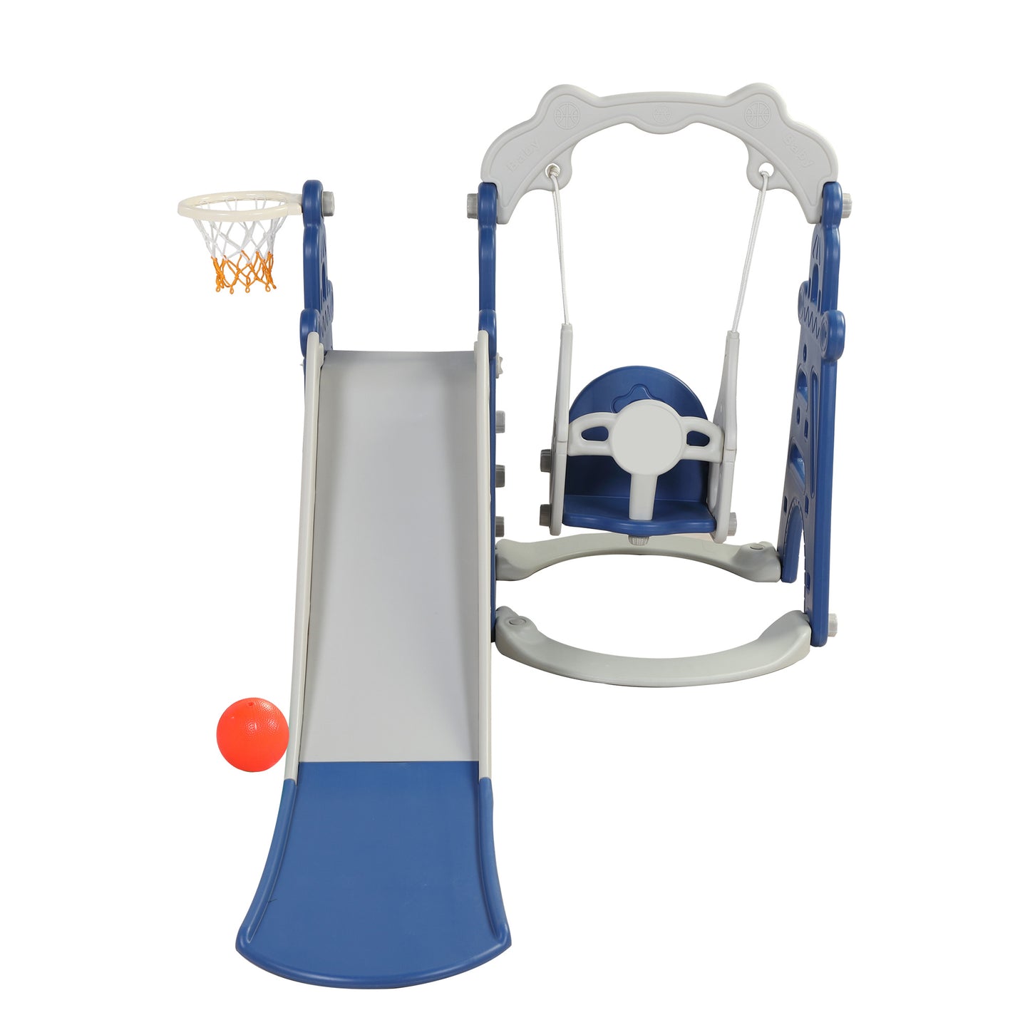 3-in-1 Kids Swing, Slide, and Basketball Set for Indoor and Outdoor Play, Blue and Gray