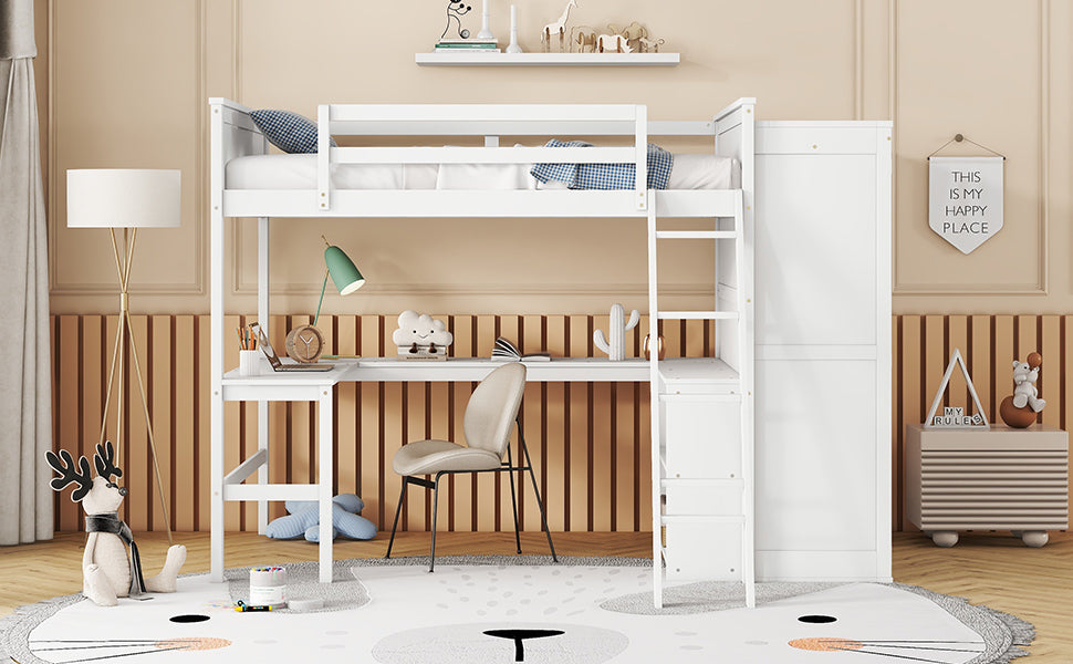 Full size Loft Bed with Desk, Shelves and Wardrobe-White