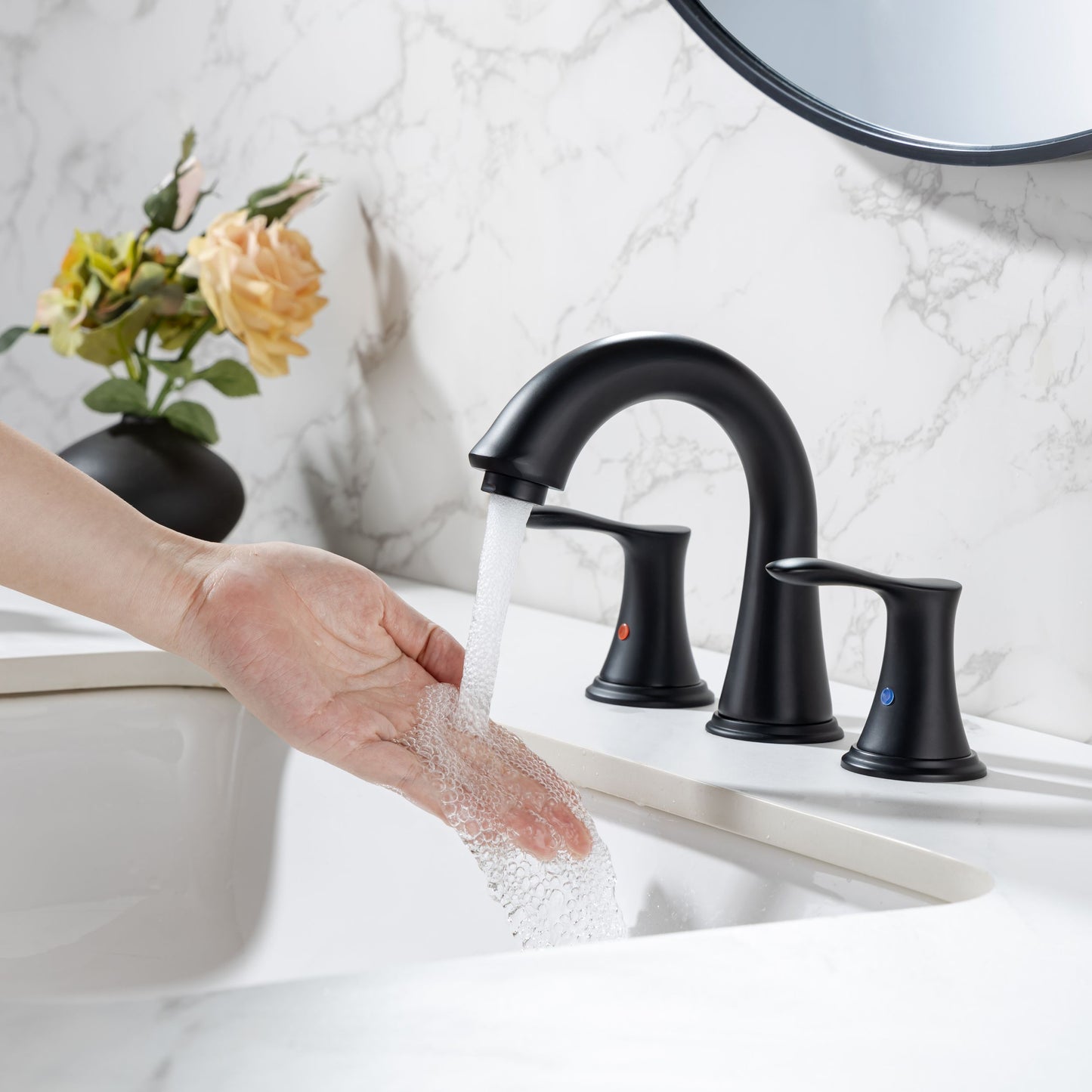 Elegant Matte Black Widespread Bathroom Faucet Set with Drain Assembly