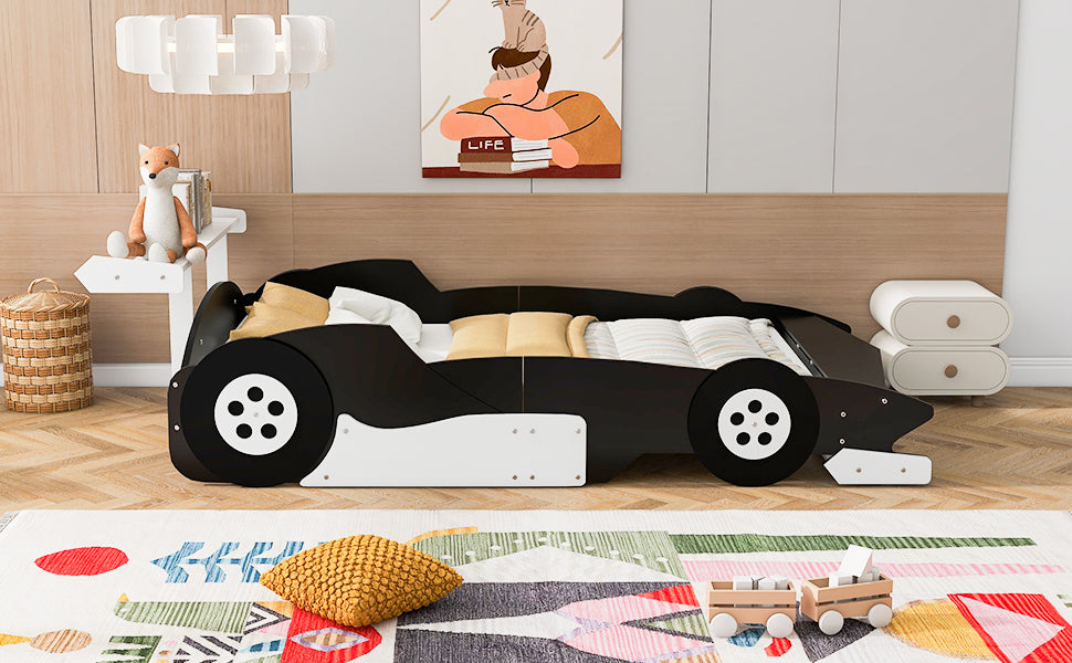 Full Size Race Car-Shaped Platform Bed with Wheels,Black