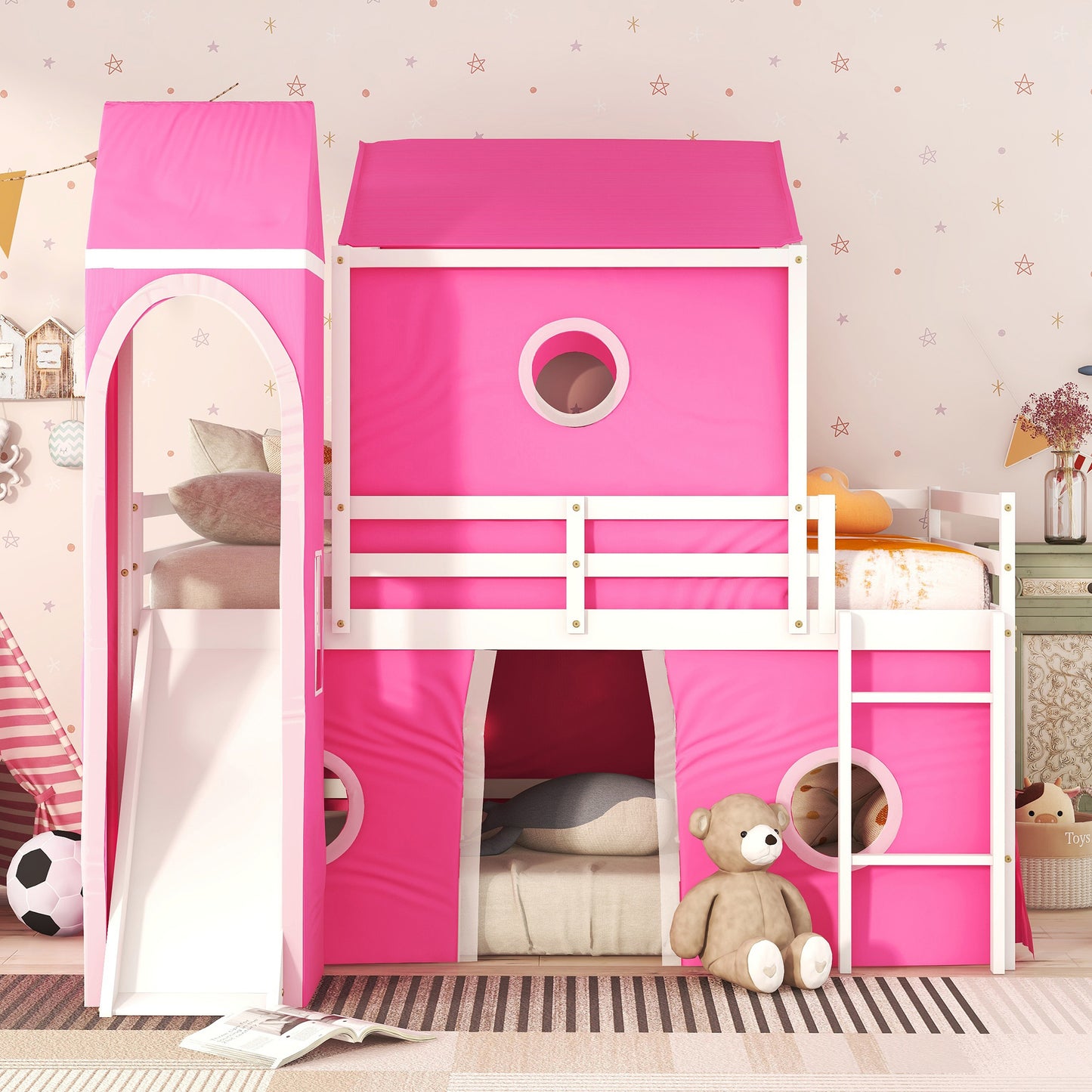 Pink Castle Loft Bed with Slide Tower