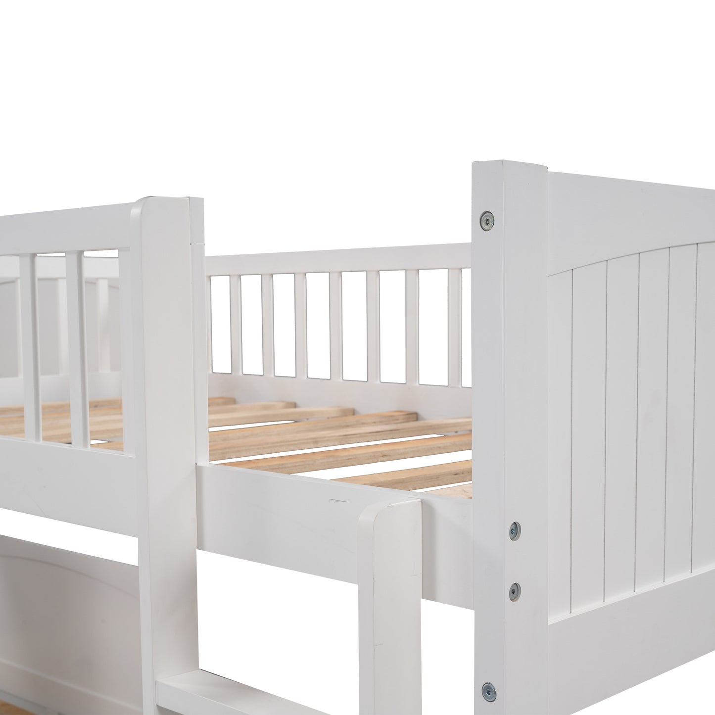 White Triple Sleeper Bunk Bed with Loft, Drawers, and Extended Sleeping Capacity