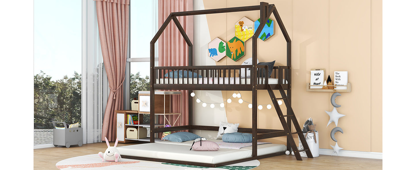 Twin House Bunk Bed with Trundle and Ladder - Artistic Sleepover Haven