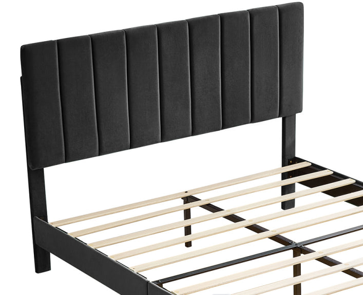 Full Size Frame Platform Bed with Upholstered Headboard and Slat Support, Heavy Duty Mattress Foundation, No Box Spring Required, Easy to Assemble, Black