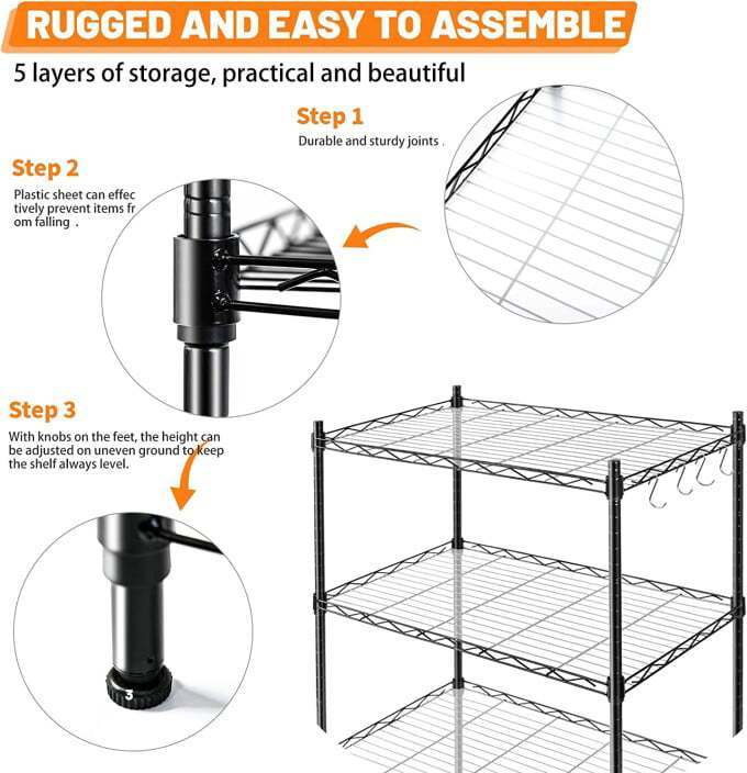 5 Tier Storage Racks with Shelf Liners, Adjustable Storage Rack Metal Shelf Wire Shelving Unit, 750 lb Capacity