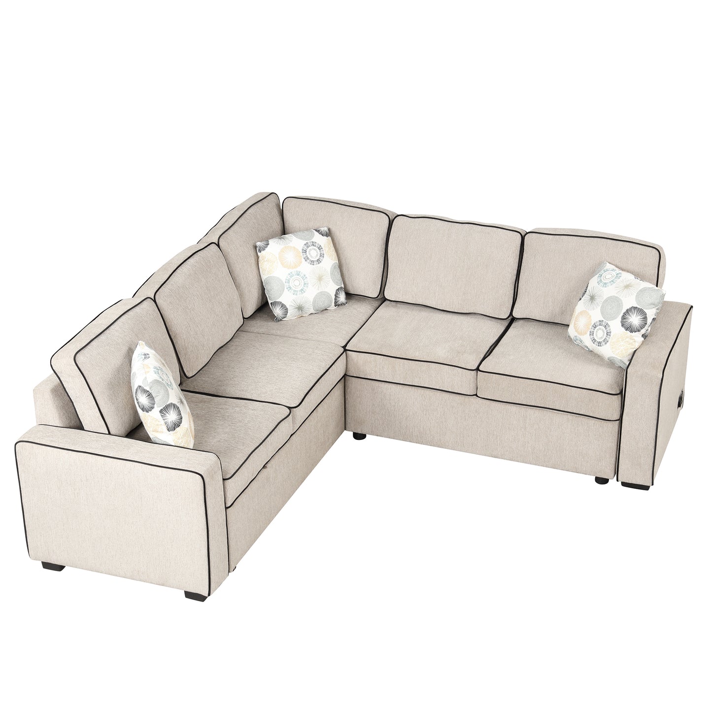 83 Cream Convertible L-Shaped Sleeper Sofa with USB Ports and Power Sockets