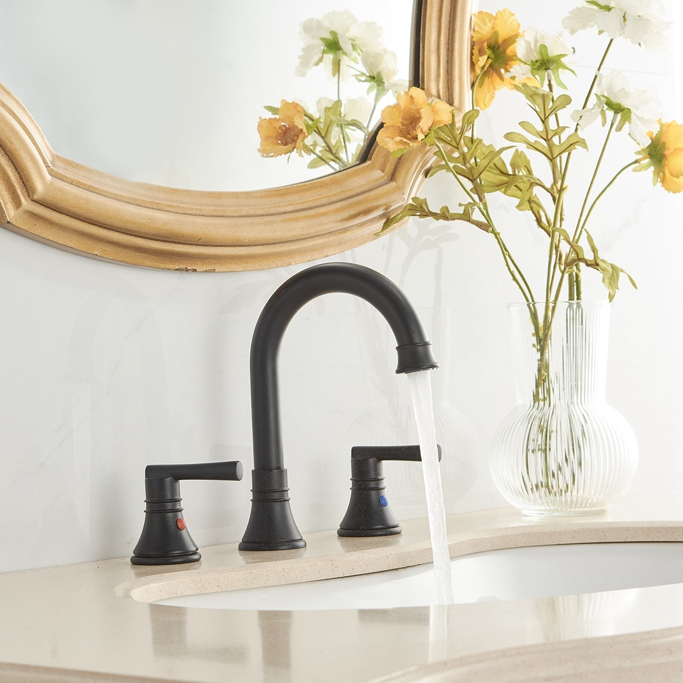 Matte Black 2-Handle J-Spout Widespread Bathroom Sink Faucet