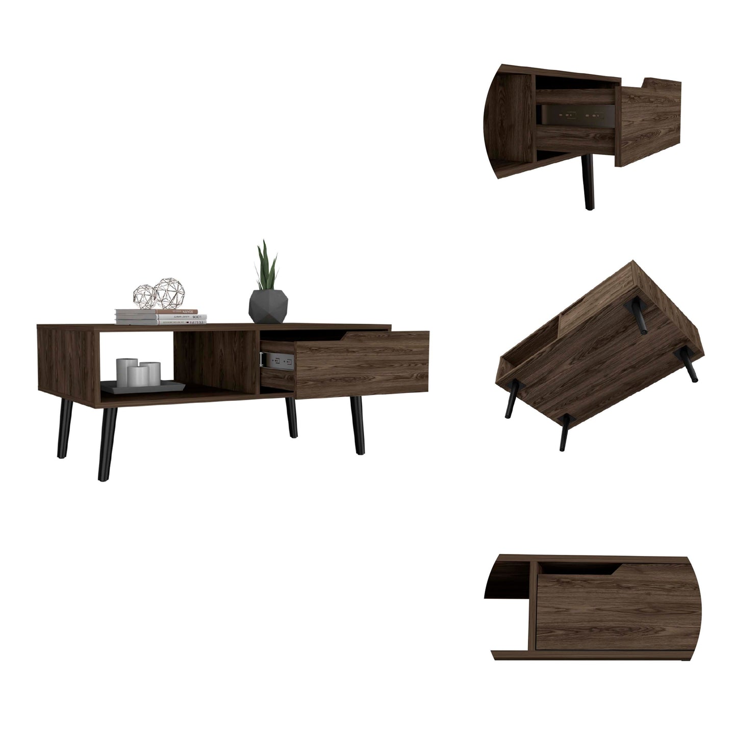 Brown Coffee Table with Open Shelf and Drawer - Stylish Furniture Piece