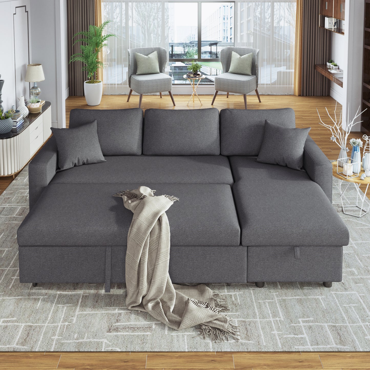 U_STYLE Upholstery  Sleeper Sectional Sofa Grey with Storage Space, 2 Tossing Cushions