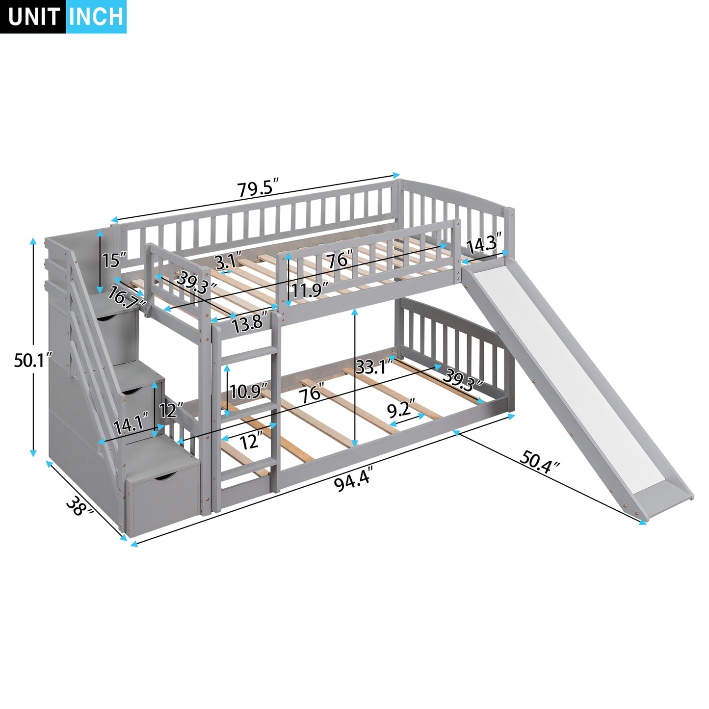 Stairway Twin Bunk Bed with Slide, Drawers, and Gray Finish