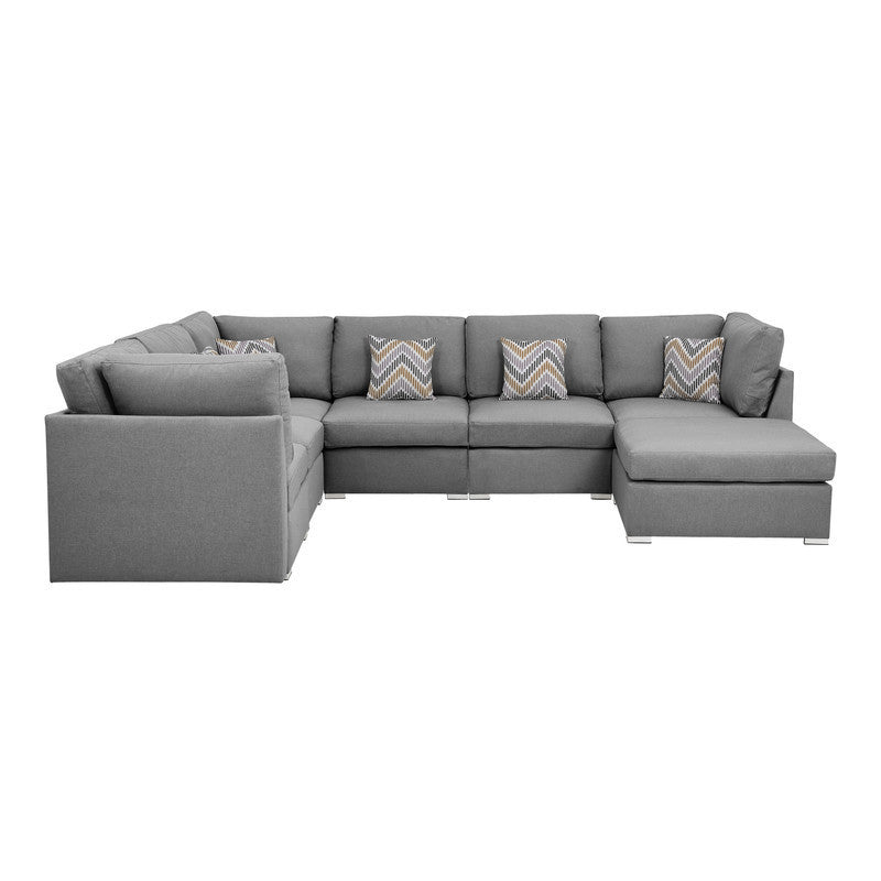 Amira Gray Fabric Customizable Modular Sectional Sofa with Ottoman and Accent Pillows