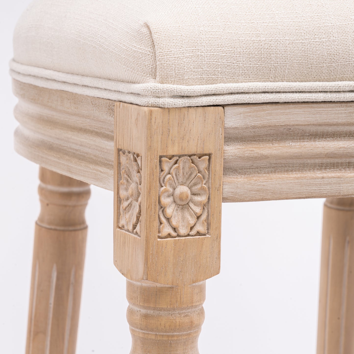 French Country Wooden Barstools With Upholstered Seating , Beige and Natural ，Set of 2