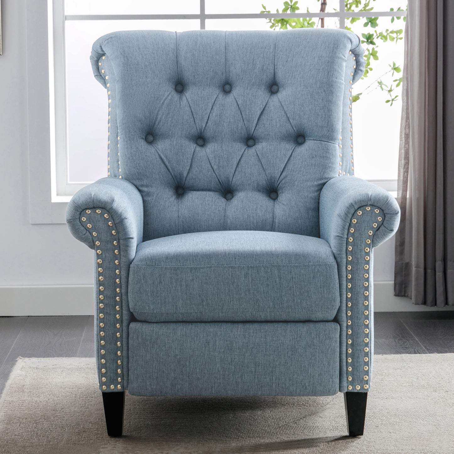 Luxurious Blue Linen Recliner with Pushback Function and Nailhead Trim