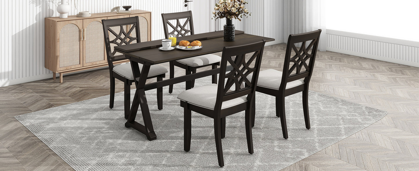 5-Piece 62*35.2inch Extendable Rubber Wood Dining Table Set with X-shape Legs,Console Table with Two 8.8Inch-Wide Flip Lids and Upholstered Dining Chairs ,Dark Walnut